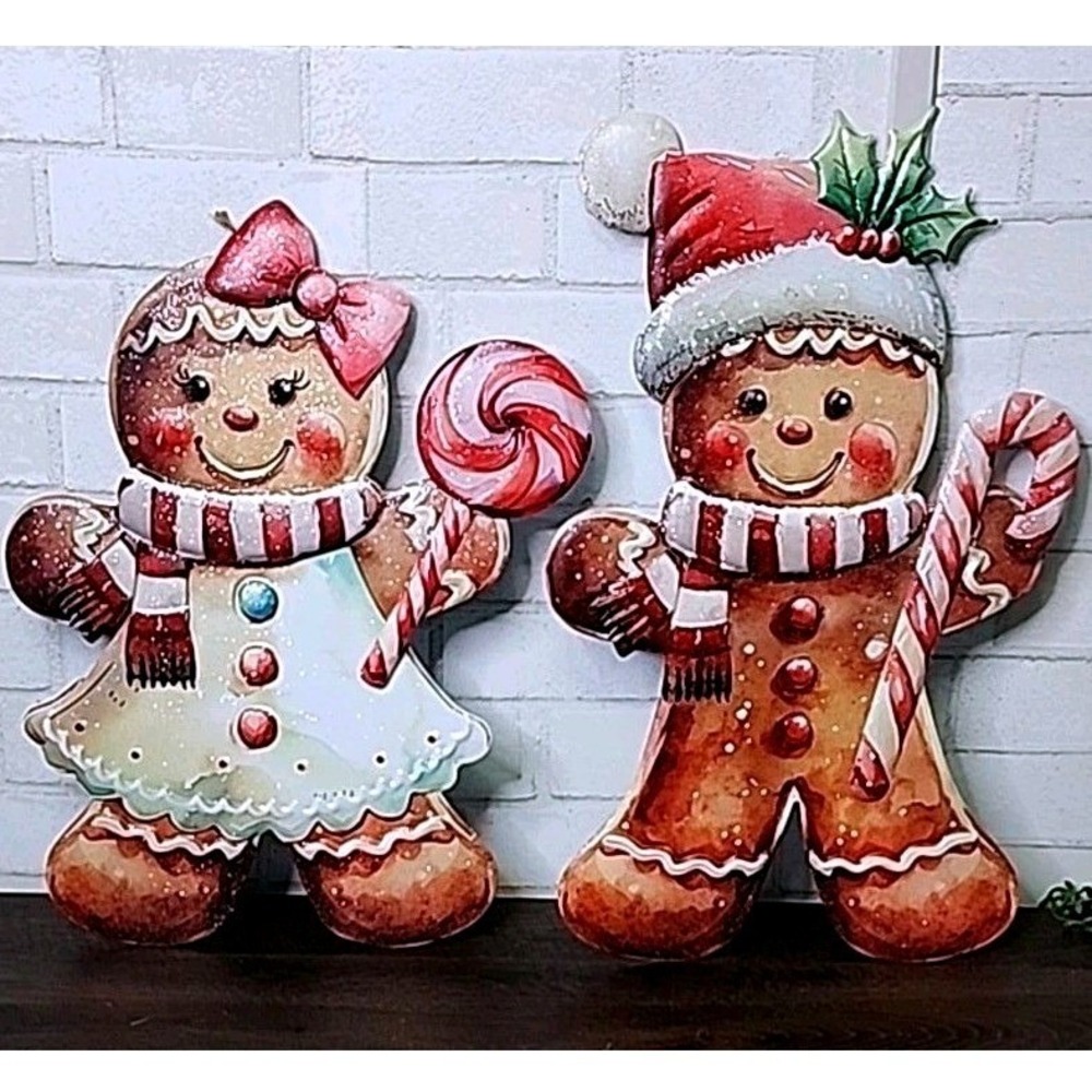 Christmas Gingerbread Boy & Girl Metal Wall Hanging Sign Santa Hat Bow 2 Pc NEW